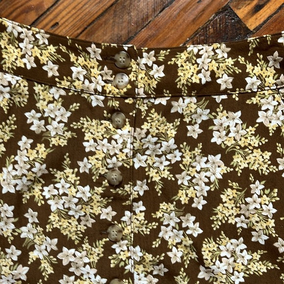 Vintage 90s Liz Claiborne Brown Rayon Floral Mini/Skater Skirt with Pockets - Picture 2 of 8